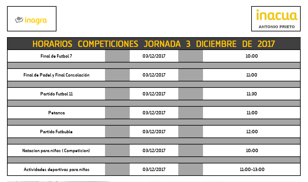 Horarios Jornada 3 Diembre 2017 30-11-2017 - 